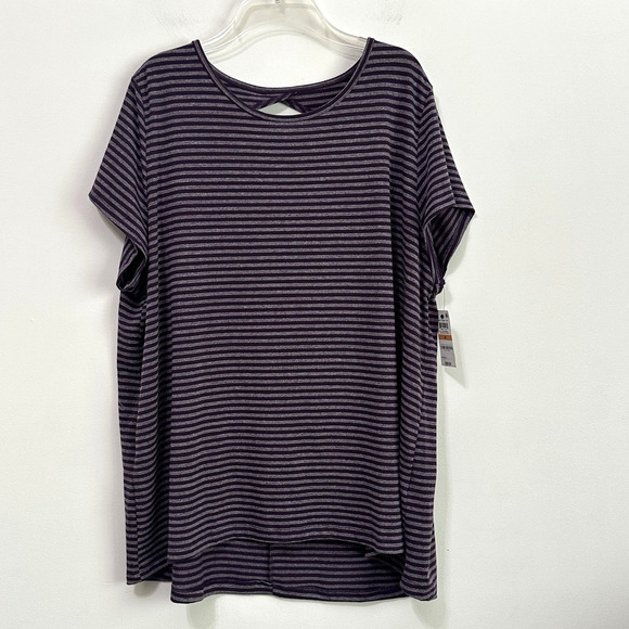 Ideology Tee Top Plus 3X Short Sleeve Active Back Cutout Eggplant Stripe NEW - Picture 1 of 11